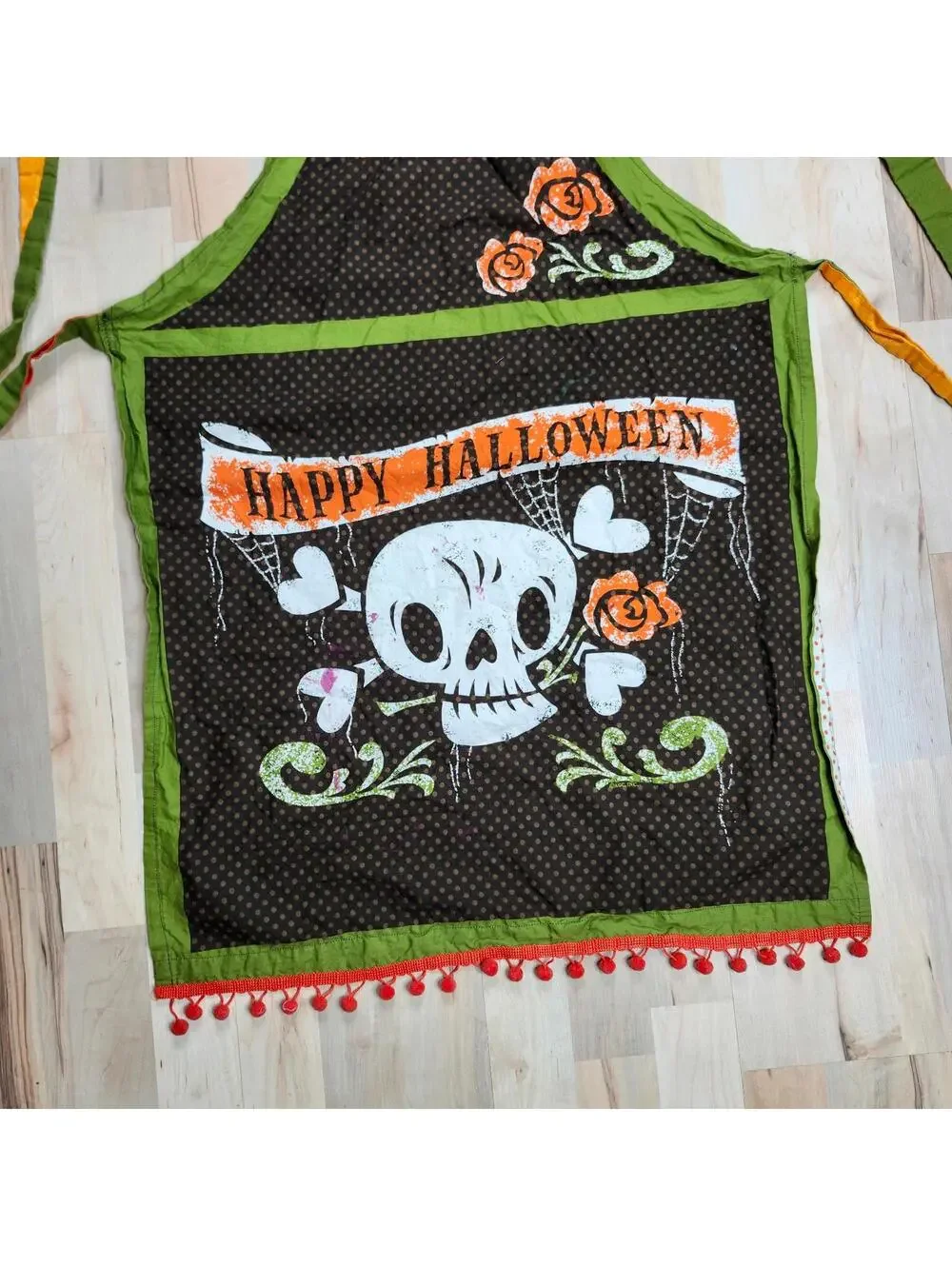 Betty Boo Happy Halloween Skull Apron with Orange Pom Pom Trim